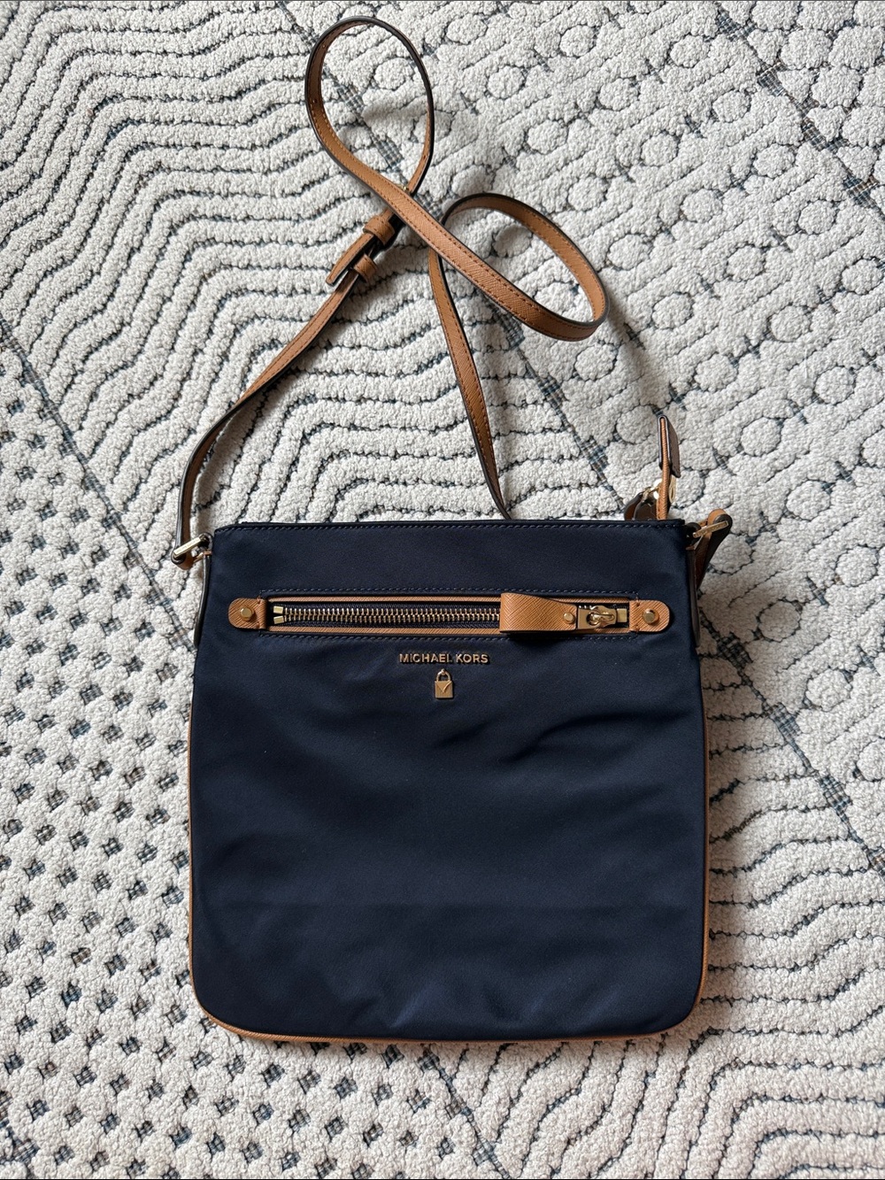 Michael Kors Navy Crossbody with Tan Trim and Gold Hardware